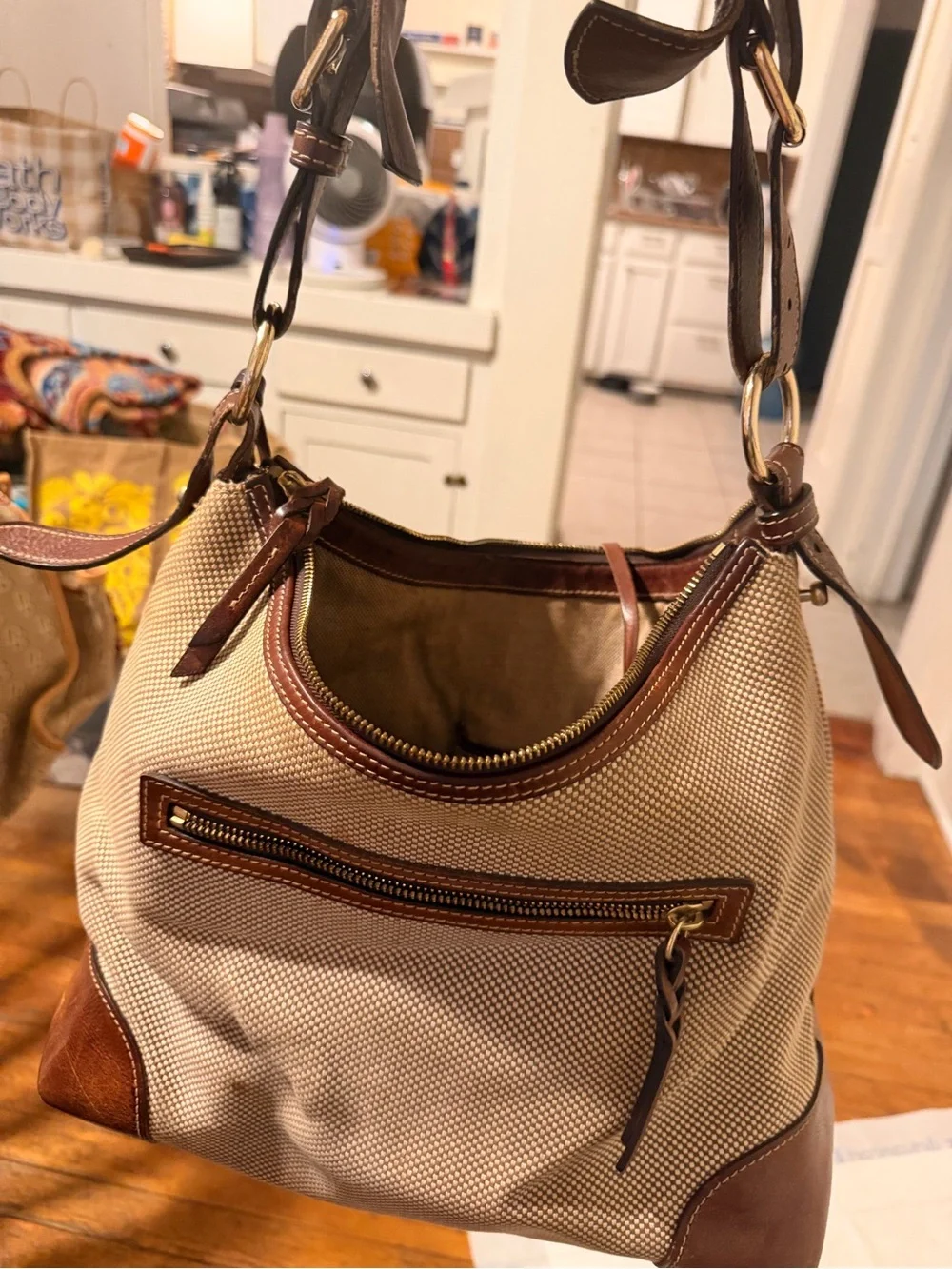 Dooney & Bourke Beige Canvas Shoulder Bag with Brown Leather Trim